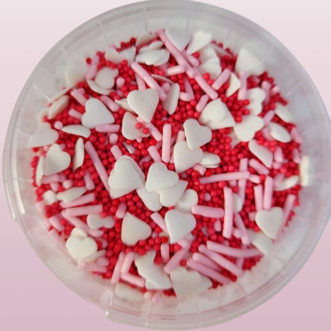 Hearts Sprinkle Mix - nonpariels, white hearts, pink strands (80g)
