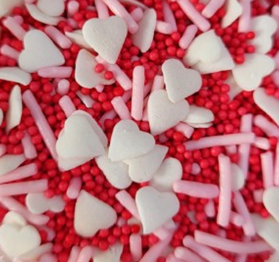 Hearts Sprinkle Mix - nonpariels, white hearts, pink strands (80g)