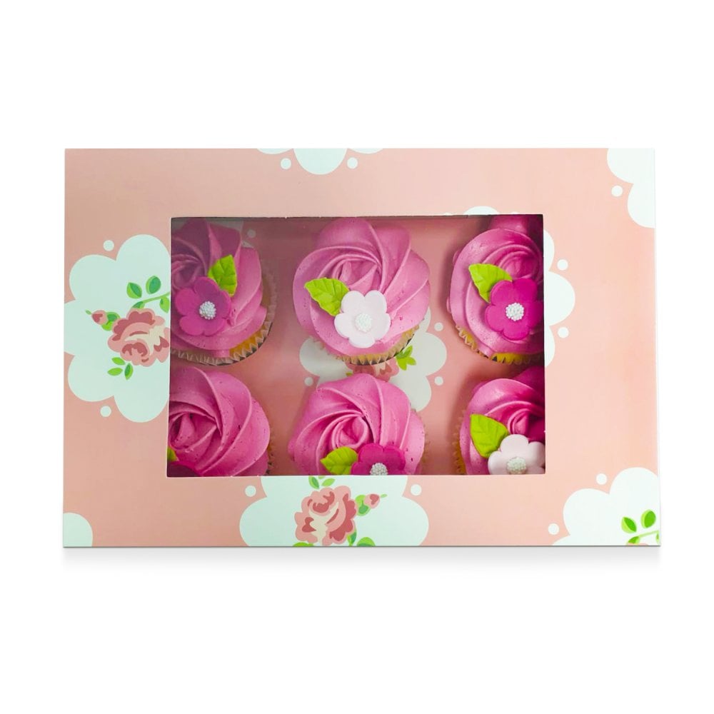 Rose Gold / Pink Roses - 6 hole cupcake boxes