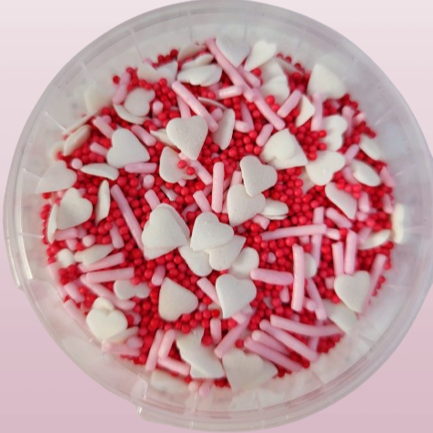 Hearts Sprinkle Mix  - nonpariels, white hearts, pink strands (80g)