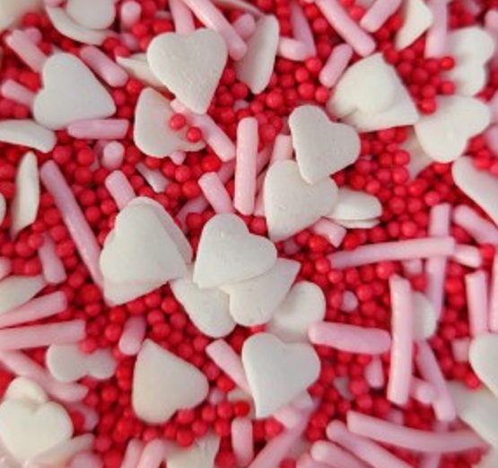 Hearts Sprinkle Mix  - nonpariels, white hearts, pink strands (80g)