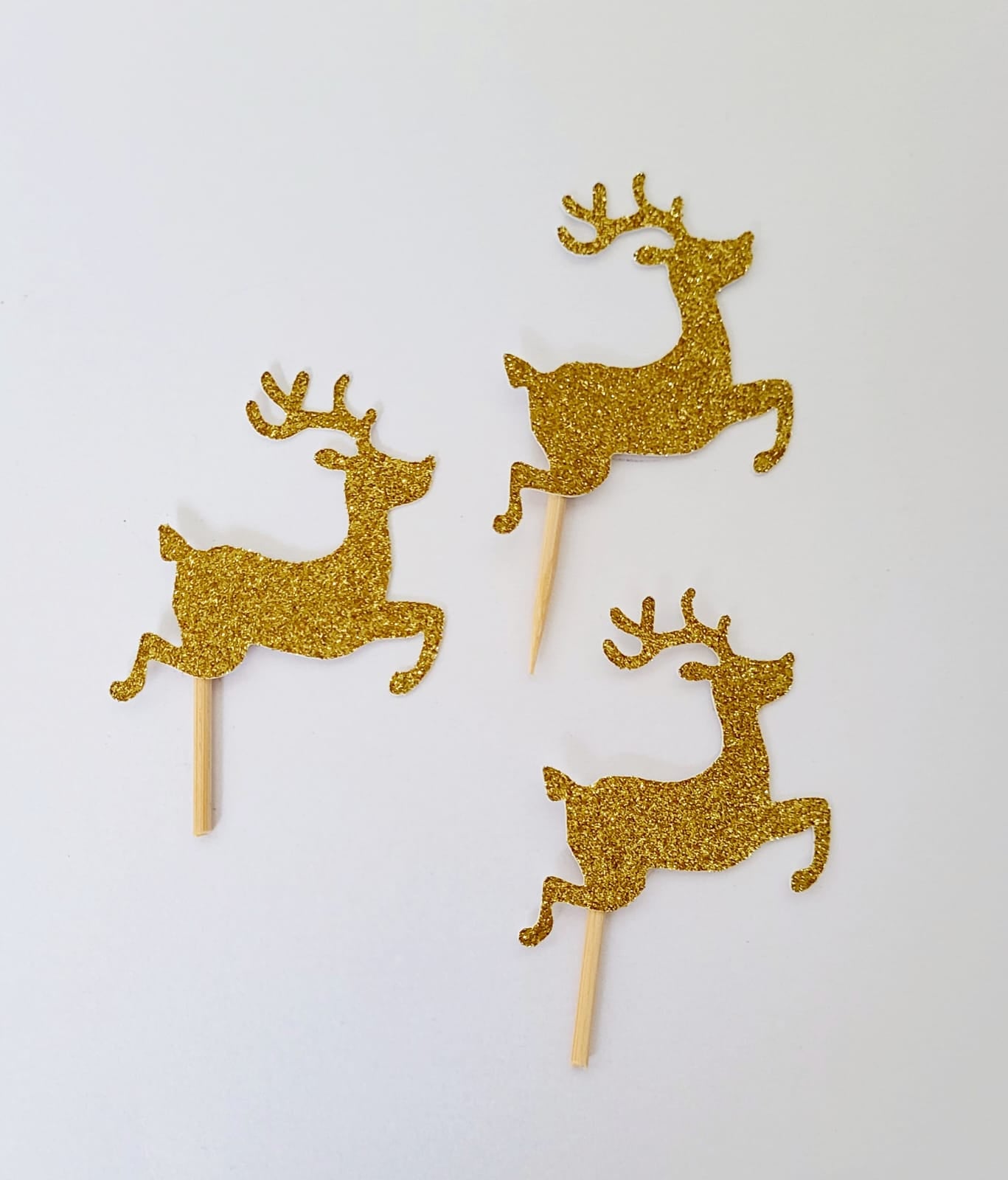 12 x Leaping Reindeer glitter card cupcake toppers