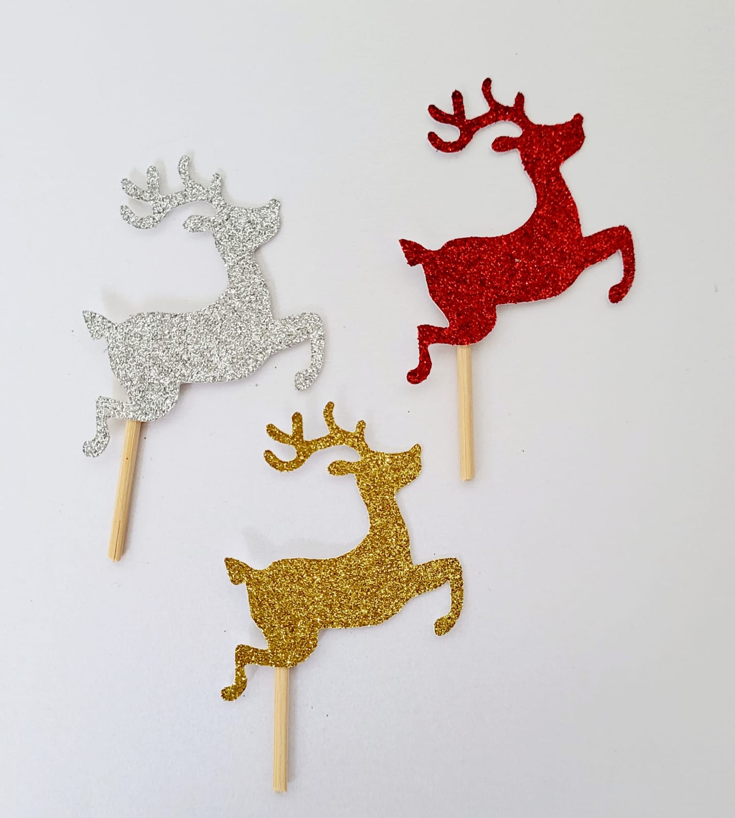 12 x Leaping Reindeer glitter card cupcake toppers