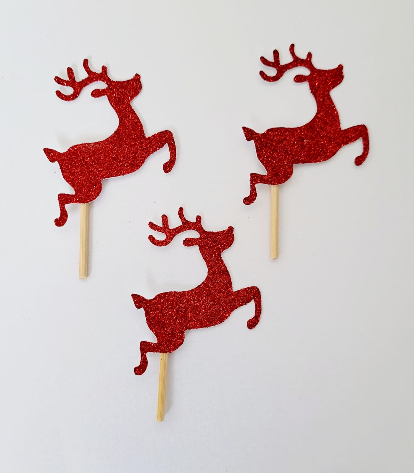 12 x Leaping Reindeer glitter card cupcake toppers