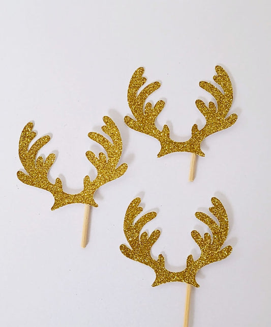 12 x Reindeer Antler glitter card cupcake toppers