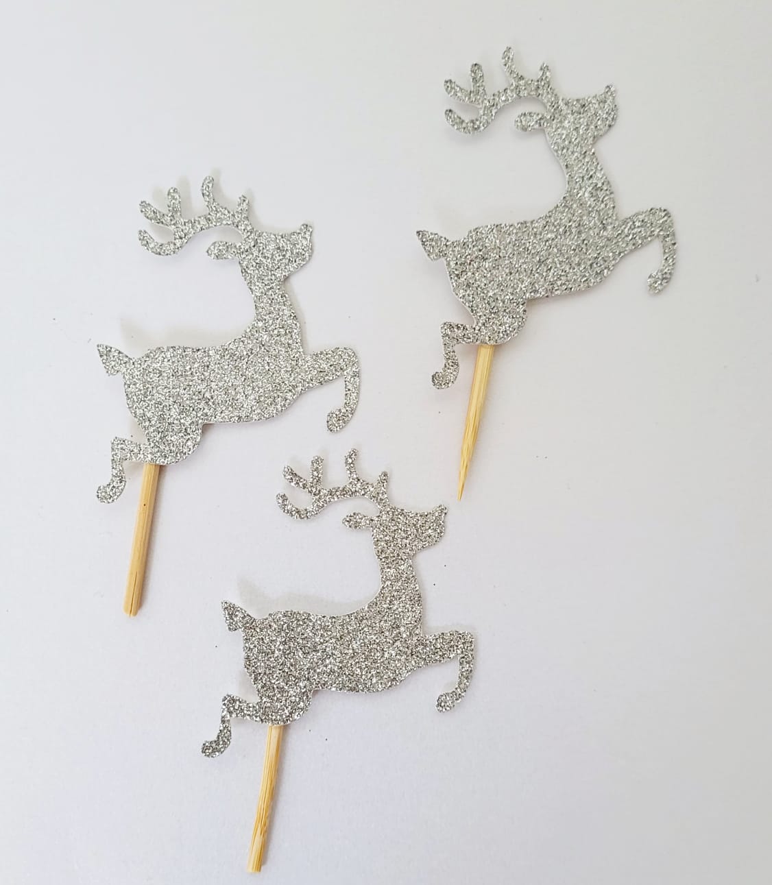 12 x Leaping Reindeer glitter card cupcake toppers