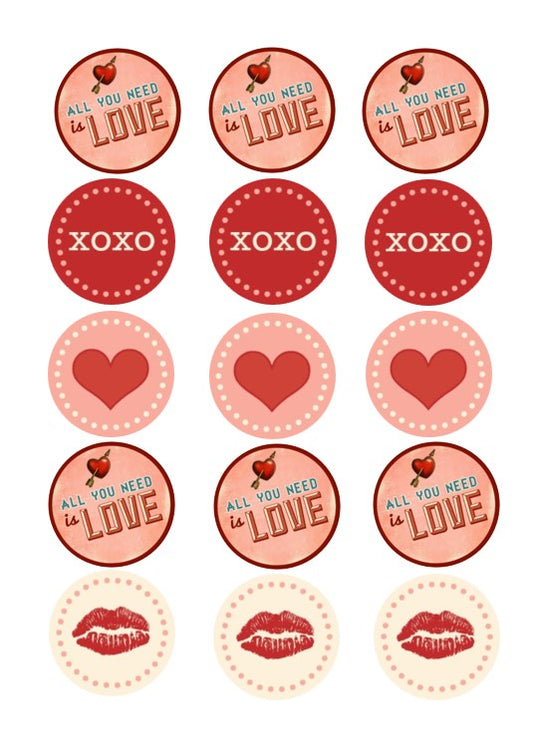 15 x Valentines "All You Need is Love" cupcake toppers (5cm)