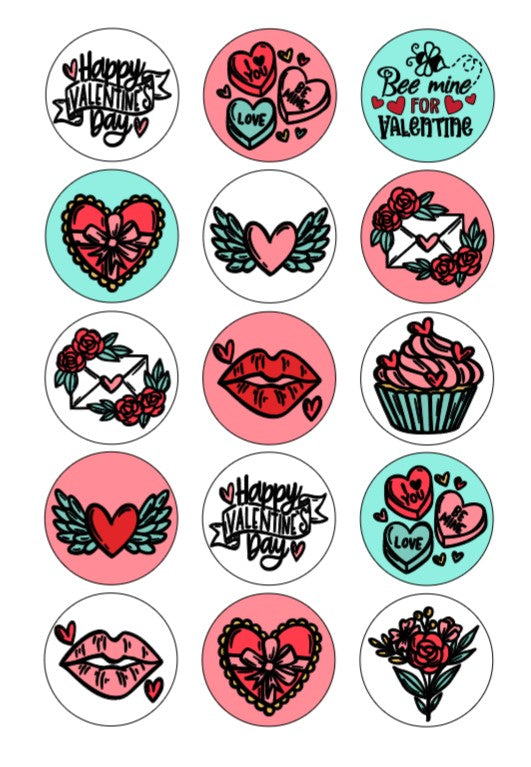 15 x Valentines "Cartoon Style" cupcake toppers (5cm)