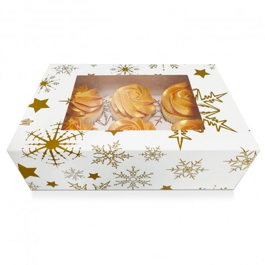 Gold Stars and Snowflakes - 6 hole cupcake box