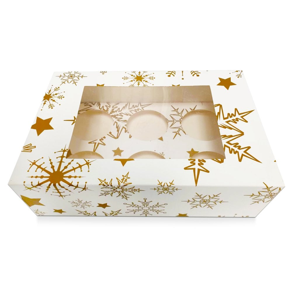 Gold Stars and Snowflakes - 6 hole cupcake box