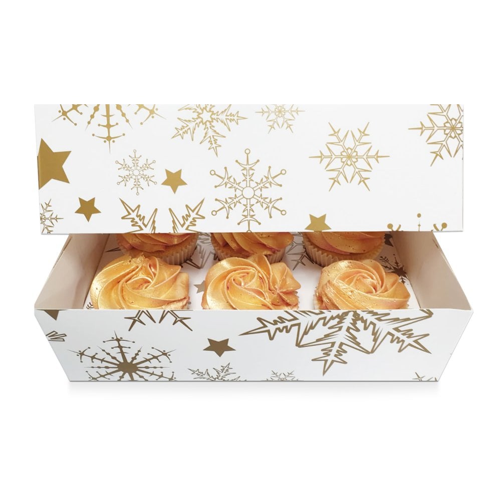 Gold Stars and Snowflakes - 6 hole cupcake box